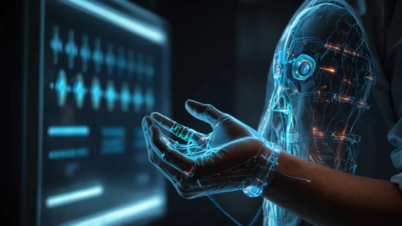 Футуристическая операционная с бионическим имплантом и 3D-моделью лица пациента на экране монитора