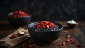 Чёрная каша с активированным углём в тёмной керамической тарелке, украшенная ягодами годжи и лепестками миндаля