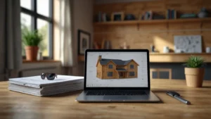 Цифровая BIM-модель частного дома с инженерными коммуникациями на экране ноутбука