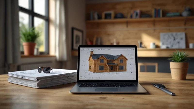 Цифровая BIM-модель частного дома с инженерными коммуникациями на экране ноутбука