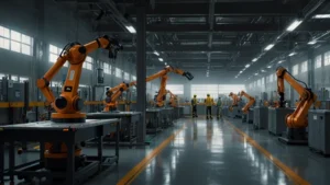 Роботизированная рука и люди в современном автоматизированном производстве, концепция всеобщего базового дохода
