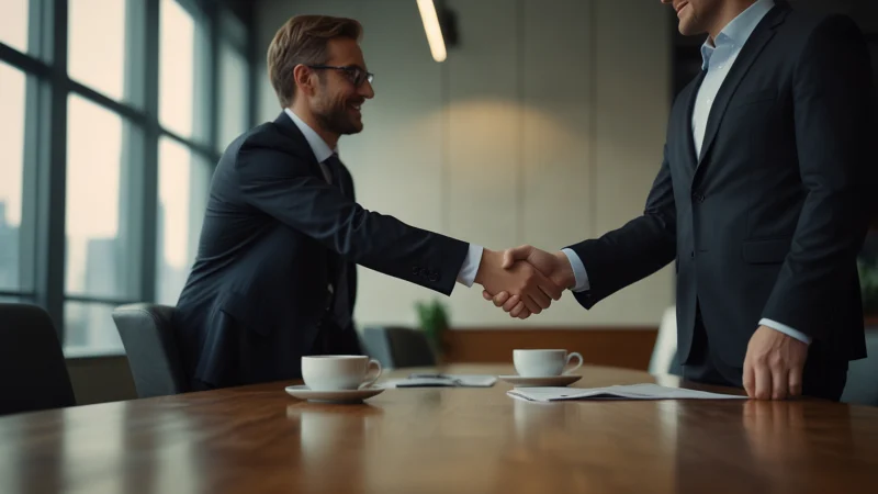 Две руки пожимают друг друга над столом переговоров, символизируя взаимовыгодное сотрудничество и преодоление конфликта
