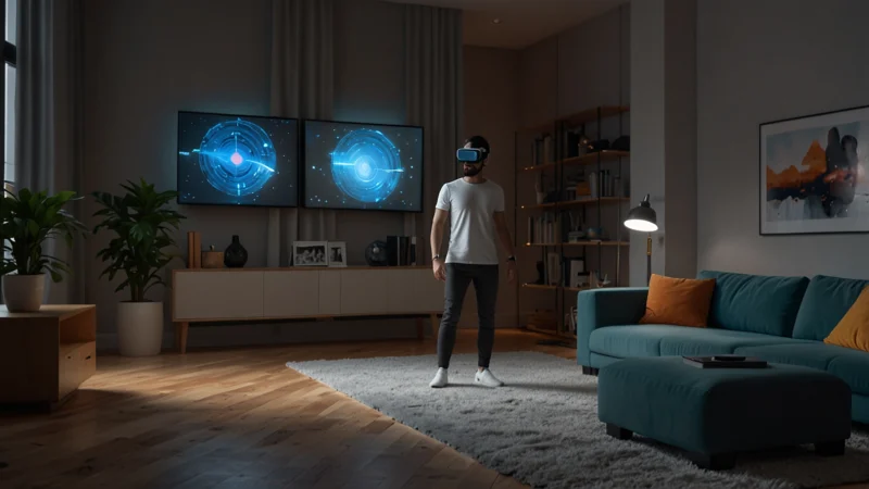 Голографический тренер в VR-гарнитуре проводит фитнес-тренировку в домашней гостиной, смешанная реальность