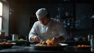 Шеф-повар готовит блюдо в наушниках, на кухне приглушенный свет, партитура и звуковые волны визуализированы в воздухе.