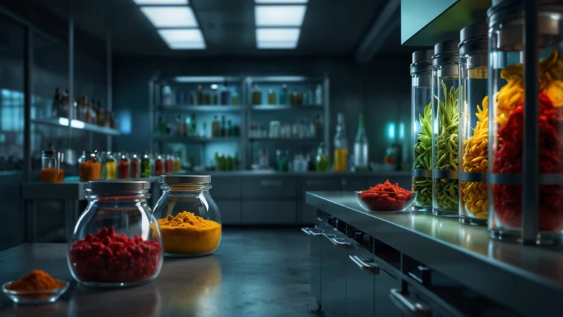 Футуристическая кухня с генетически улучшенными специями, светящиеся пробирки с травами и перцем, молекулярная…
