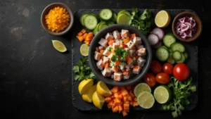 Сырые овощи, фрукты и зелень на темном фоне, приготовленные методом холодной кухни без термической обработки