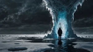 Человек в ледяной проруби, холодный удар и пар от ледяной воды