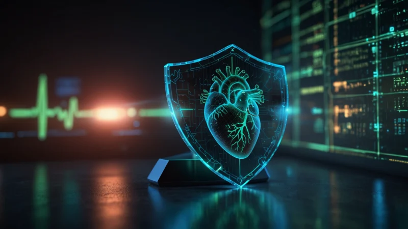 Концепция защиты медицинских данных с помощью блокчейна и биткойна, цифровой щит над историей болезни