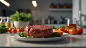 Лабораторное мясо, выращенное в биореакторе, на тарелке рядом со свежими овощами и зеленью