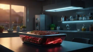 Футуристическая кухня с блюдом из клеточного мяса и напечатанной едой на столе