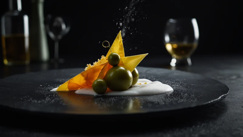 Футуристическое блюдо высокой кухни с необычной текстурой и паром жидкого азота