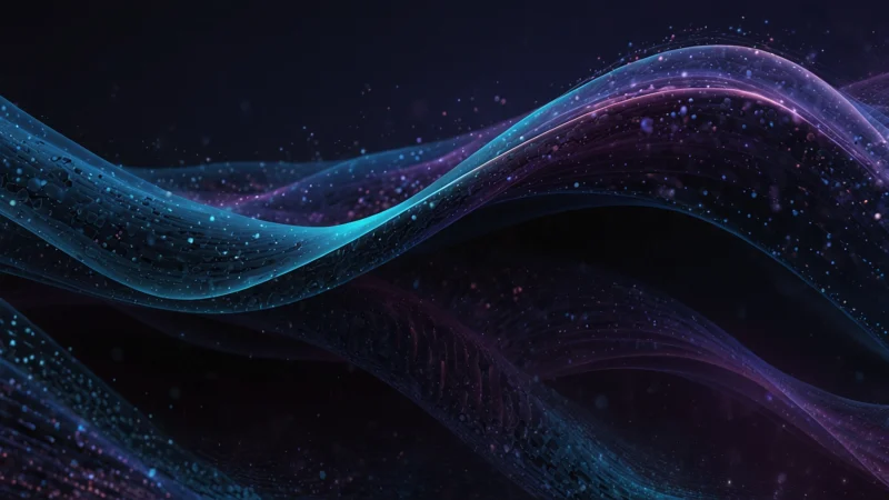 Абстрактная визуализация квантовой семантики: частицы света и слова, переплетающиеся в волновом потоке сознания