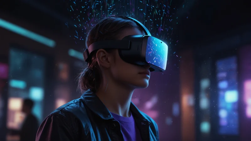 Человек в VR-шлеме на фоне переплетения цифровых голограмм и тёмного пространства, символизирующего тревогу и…