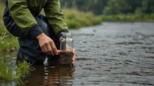 Микроскопические частицы микропластика в пробе пресной воды на фоне речного пейзажа