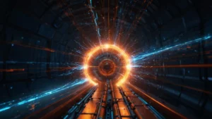 Столкновение частиц в детекторе LHC, визуализация многомерной гравитации и скрытых измерений