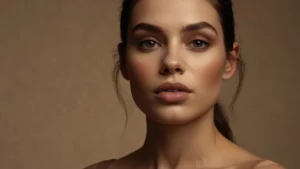 Макияж в стиле Mocca tones: бархатная кожа, коричневые губы и теплые тени на модели крупным планом