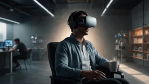 Человек в VR-шлеме ощущает аромат кофе и тактильные вибрации в мультисенсорной маркетинговой среде 5D