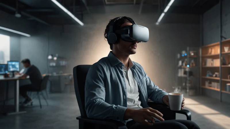 Человек в VR-шлеме ощущает аромат кофе и тактильные вибрации в мультисенсорной маркетинговой среде 5D