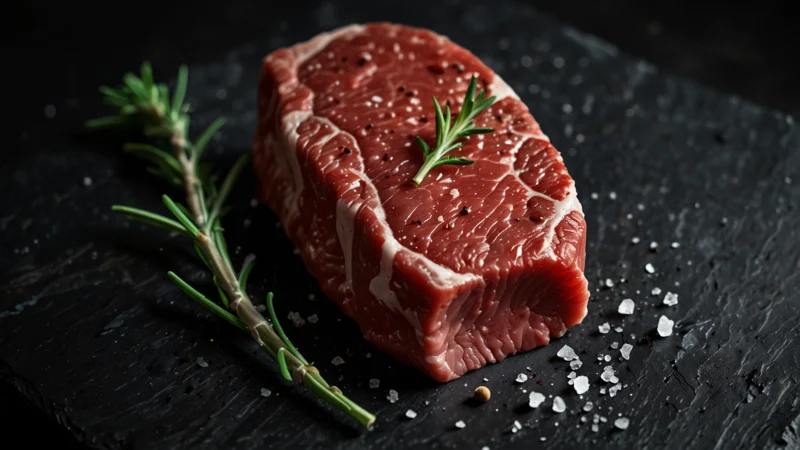 Кусок сырого мяса, покрытый крупной солью и специями, на темной керамической тарелке, процесс сухой ферментации перед…