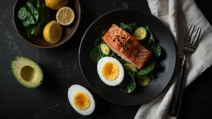 Тарелка с мясом и зелеными овощами без углеводов, символизирующая инсулиновую диету, на темном столе
