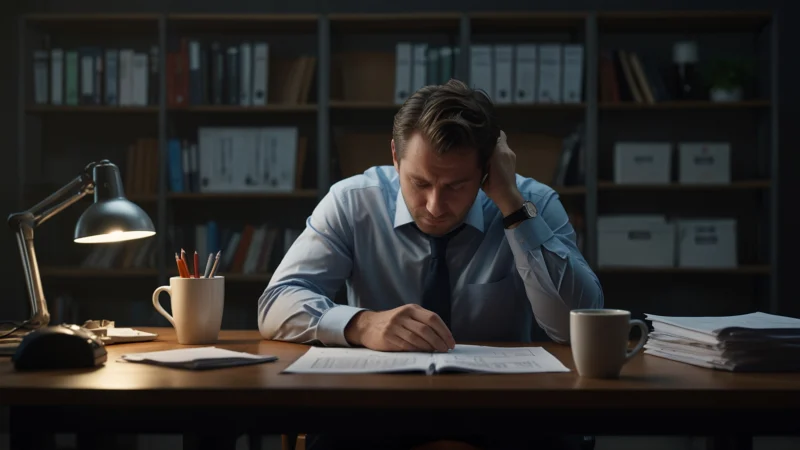 Усталый человек за рабочим столом держится за голову, символизируя истощение от чрезмерных усилий и самопринуждения