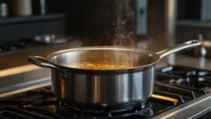 Кастрюля с костным бульоном на плите, над ней полупрозрачная дымка пара, символизирующая квантовую неопределенность…