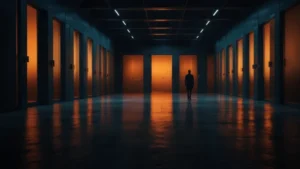 Силуэт человека, стоящего перед множеством размытых дверей, символизирующих бесконечный выбор партнёров и утрату…