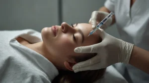 Косметолог проводит процедуру PDRN-восстановления кожи лица пациентке в современной клинике эстетической медицины