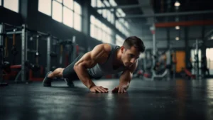 Спортсмен выполняет боковую планку на предплечьях в зале, демонстрируя стабилизацию мышц кора и правильное положение…