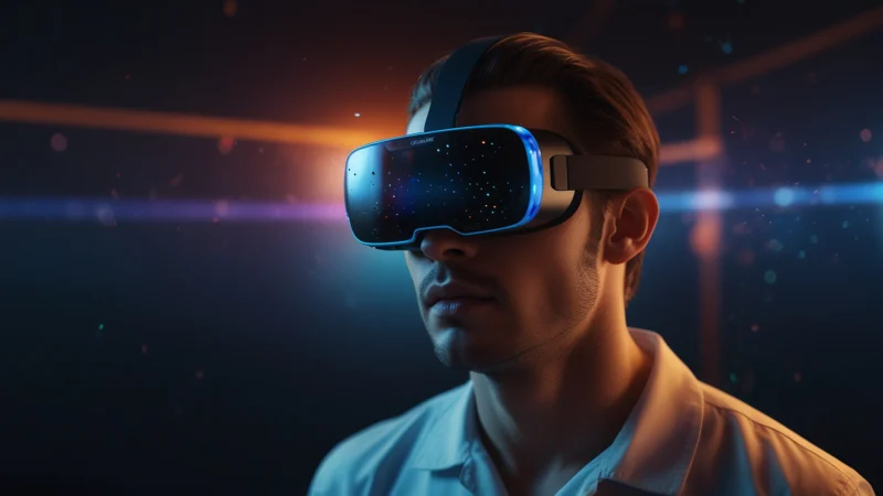 Человек в VR-очках испытывает яркие эмоции радости, рядом визуализация мозговой активности с подсвеченными зонами…