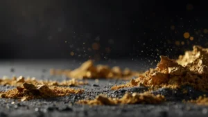 Художественная инсталляция: слой бытовой пыли, частично покрытый тонким сусальным золотом, создающий контраст фактур и…