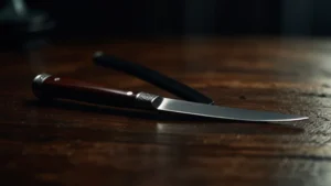 Хирургическая бритва на фоне силуэтов двух людей, ведущих напряжённый разговор, символизирующая остроту…