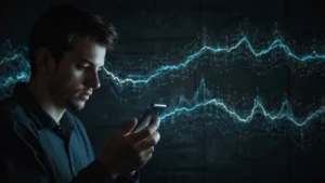 Человек смотрит на экран смартфона, вокруг распространяются волны тревоги, темный фон с абстрактными вирусными…