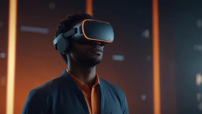 Человек в VR-шлеме проходит психологический тренинг в виртуальной среде для развития характера