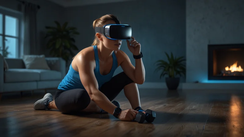 Человек в VR-гарнитуре тренируется дома, рядом лежит гантель, на стене тень от пота, контраст виртуального и реального…
