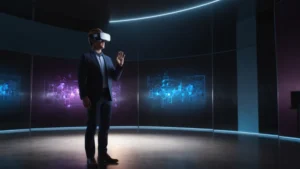 Человек в VR-шлеме тренирует уверенное выступление перед виртуальной аудиторией, моделируя будущую версию себя