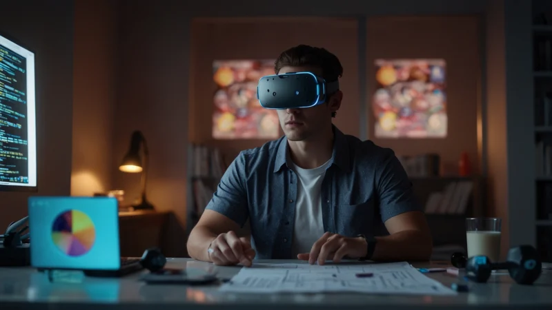 Человек в VR-гарнитуре тренирует силу воли, а рядом на столе лежат реальные гантели и разбросаны бумаги…