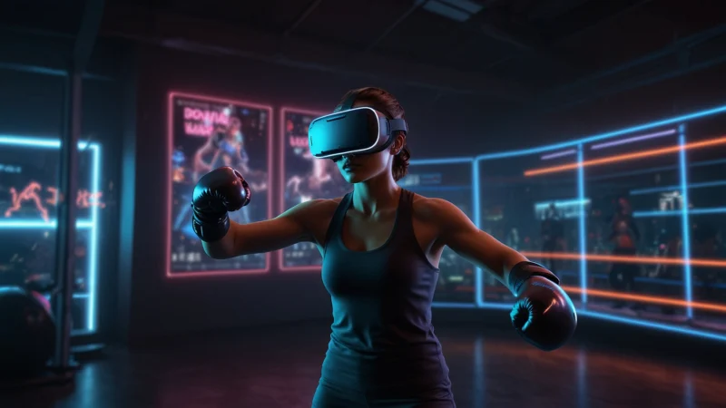 Человек в VR-гарнитуре занимается фитнесом в виртуальном зале, окруженный цифровыми голограммами тренировочных данных