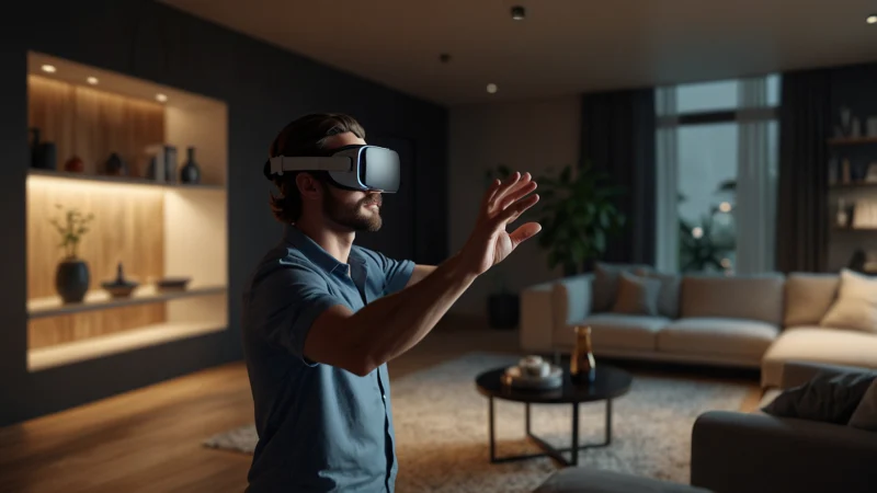 Дизайнер в VR-шлеме рассматривает виртуальный интерьер комнаты