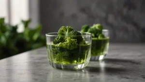 Изысканное желе из брокколи в стеклянной креманке, украшенное свежими соцветиями, на светлом фоне
