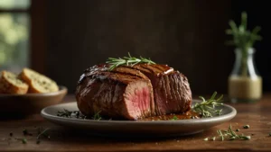 Сочный стейк, маринованный в аминокислотном составе, с аппетитной корочкой на тарелке