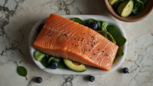 Стол с продуктами для сияющей кожи: авокадо, красная рыба, ягоды, орехи и свежая зелень на светлом фоне