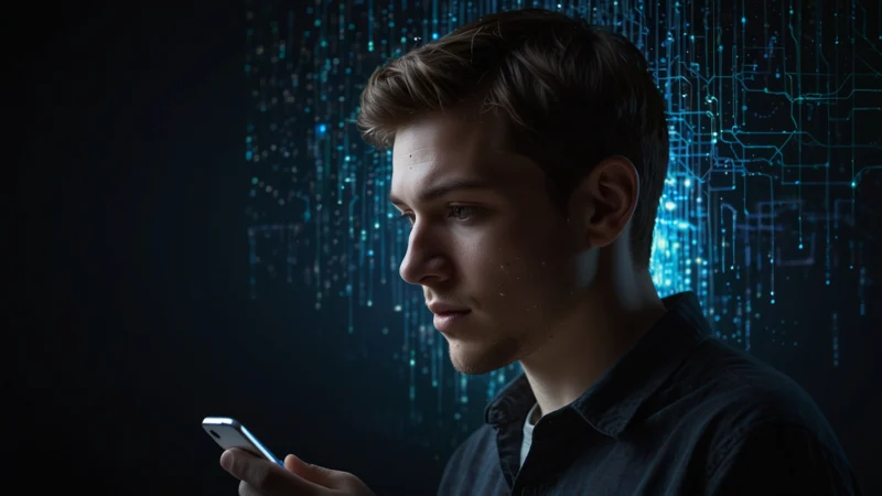 Человек смотрит на смартфон, вокруг головы цифровые помехи и искажения, символизирующие изменение восприятия…