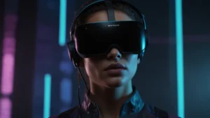Человек в VR-шлеме проходит когнитивную тренировку в футуристичной виртуальной среде с яркими нейронными связями