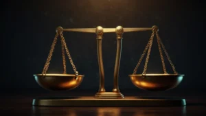 Весы, на одной чаше которых лежит символ доллара, на другой — слово правда, символизирующие конфликт финансового…