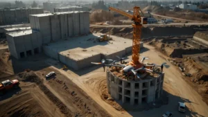 Промышленный дрон с камерой и датчиками летит над строительной площадкой с кранами и недостроенным зданием, собирая…
