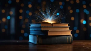 Стопка книг, излучающих свет и энергию, символизирующая питание для мозга и интеллектуальный рост