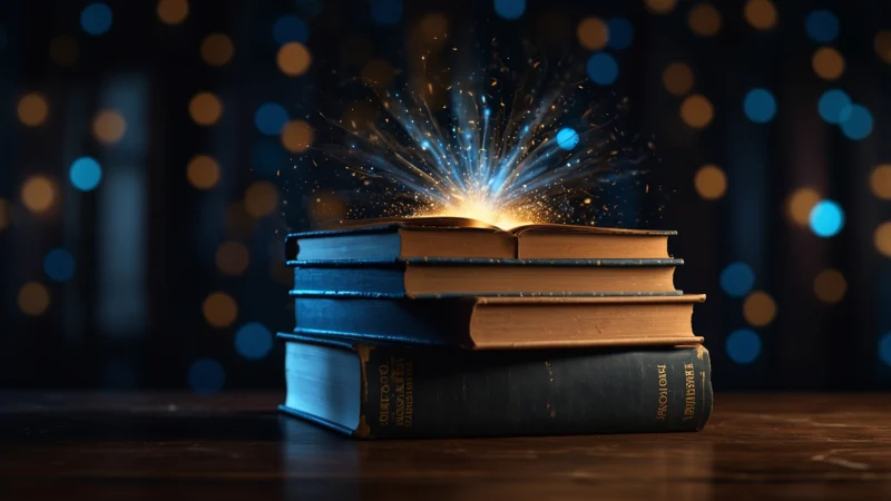 Стопка книг, излучающих свет и энергию, символизирующая питание для мозга и интеллектуальный рост