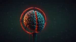 Абстрактная визуализация этического AI: цифровой мозг из светящихся нейронных связей, балансирующий между галочкой и…