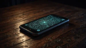 Древние эзотерические символы на экране смартфона в темноте, вирусный тренд цифровой культуры
